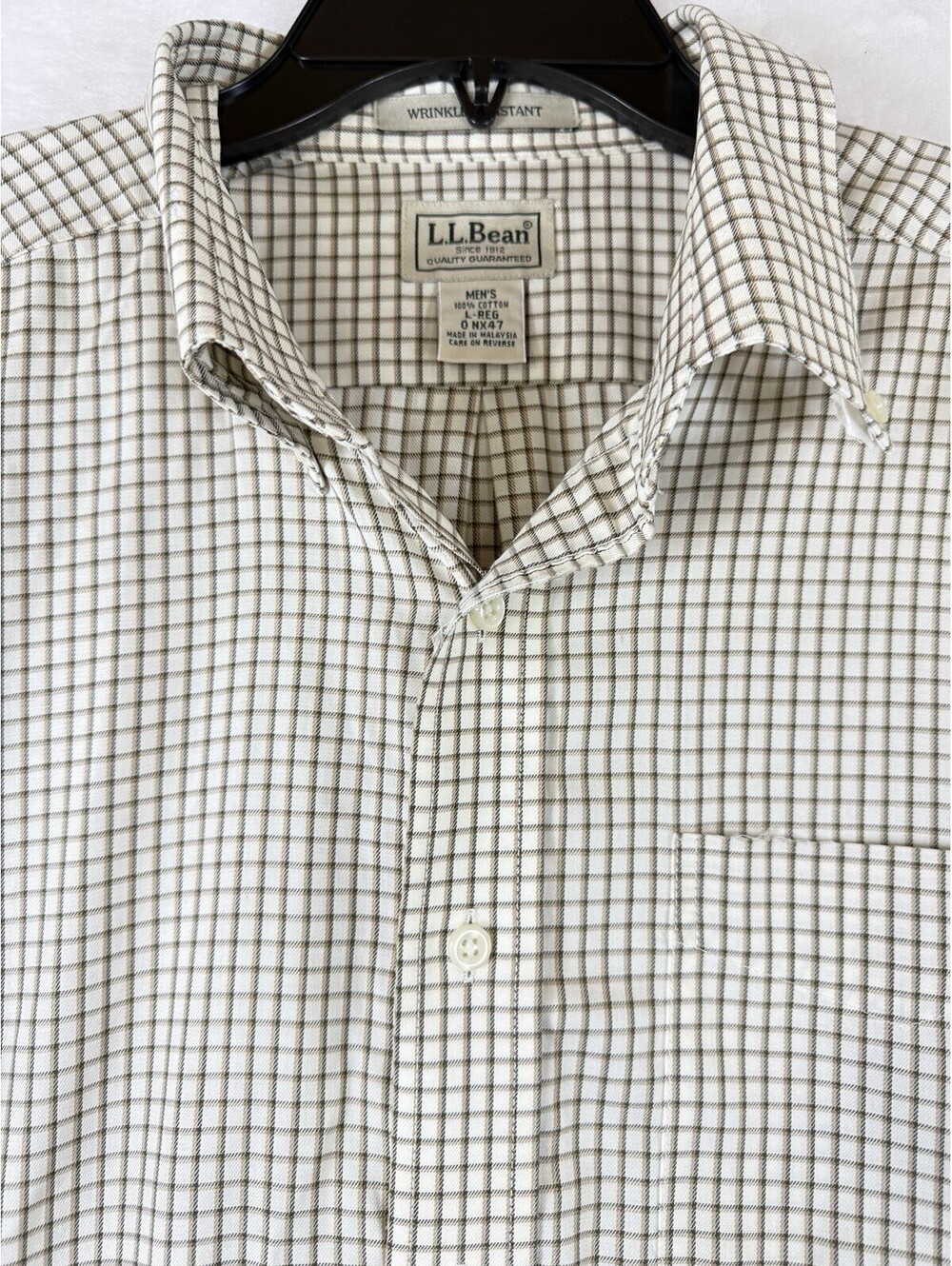 LL Bean Shirt Men Large Short Sleeve Wrinkle Resistant Green Beige Button Up